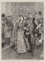 Die kaiserliche Hochzeit in St. Petersburg, die Braut und der Bräutigam verlassen die Kapelle